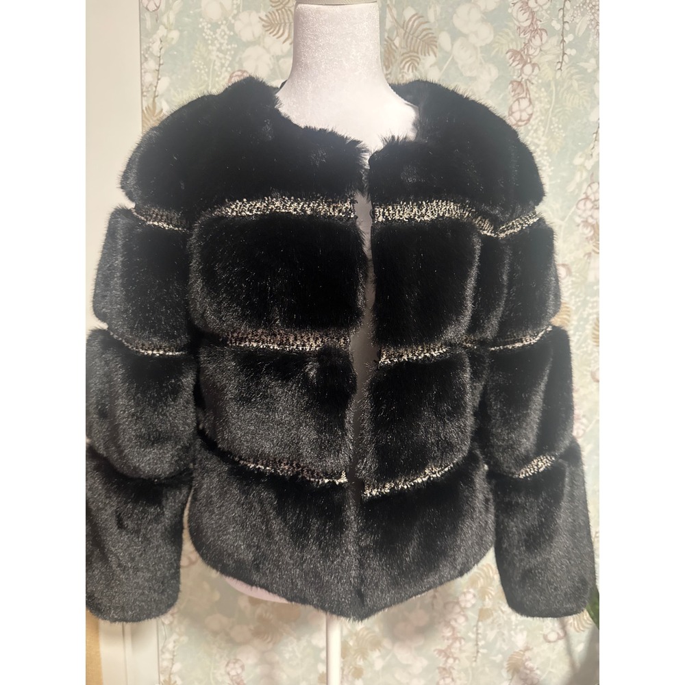 WD·NY Black Faux Fur Cropped Jacket Metallic Trim Tiered Evening Coat Womens M